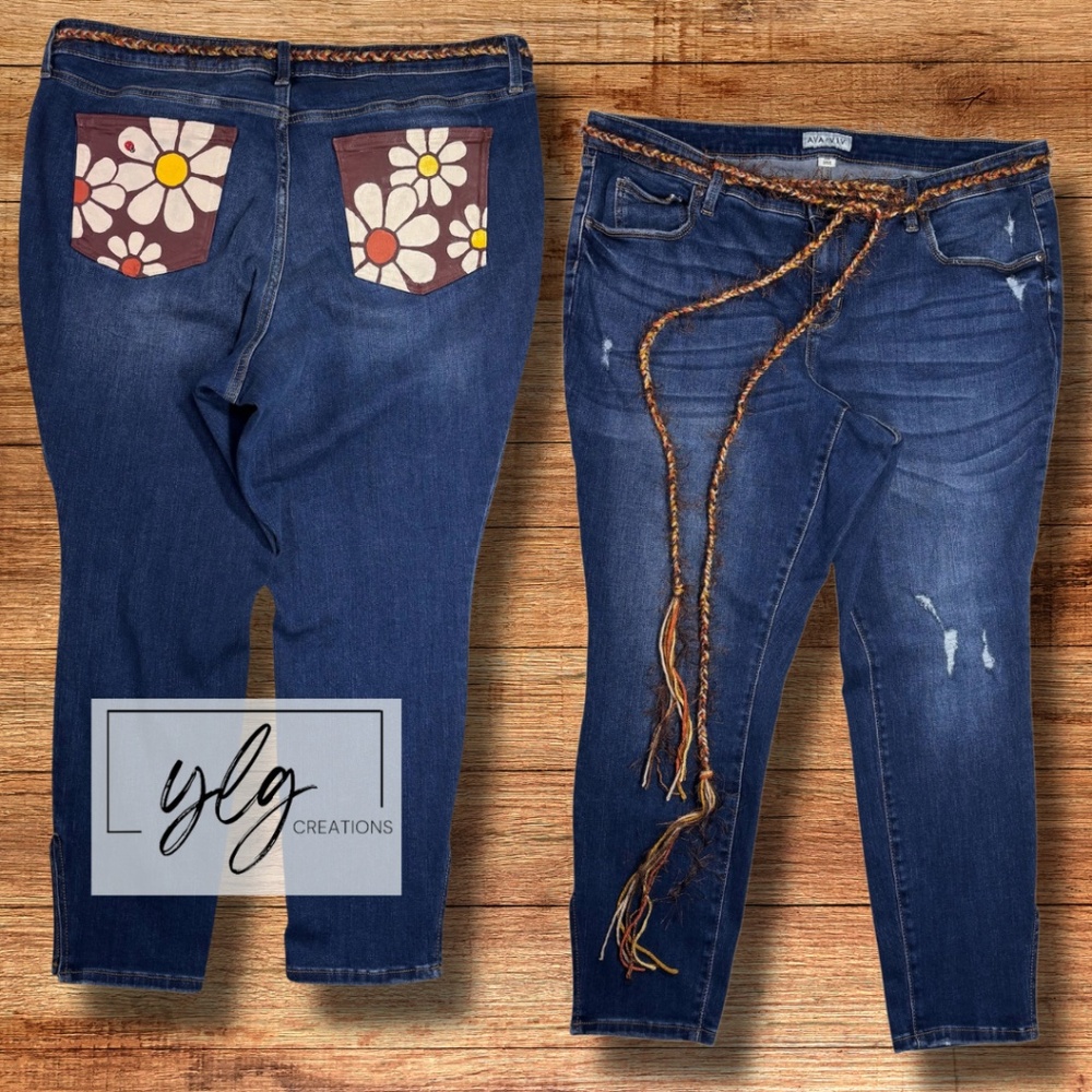 Groovy Jeans Hand Painted Mod Retro Flower Festival Yellow Orange 70s Boho 20W